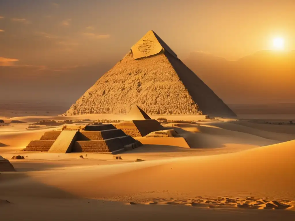 Un impresionante atardecer sobre la Gran Pirámide de Giza, con jeroglíficos visibles en su superficie