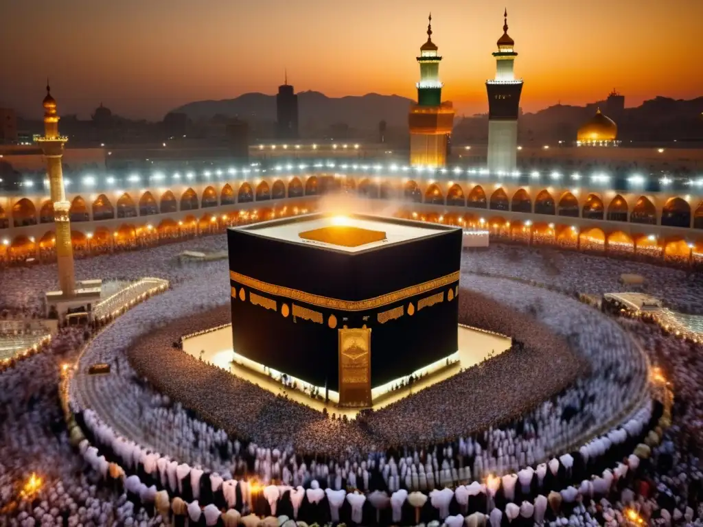 Un impresionante atardecer ilumina la Kaaba en La Meca, rodeada de peregrinos realizando el tawaf