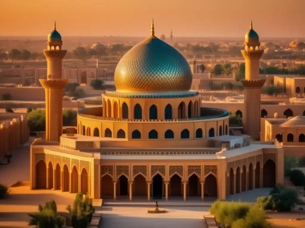 Un impresionante atardecer ilumina el majestuoso edificio de la Casa de la Sabiduría en Bagdad, mostrando sus detallados arcos y cúpulas