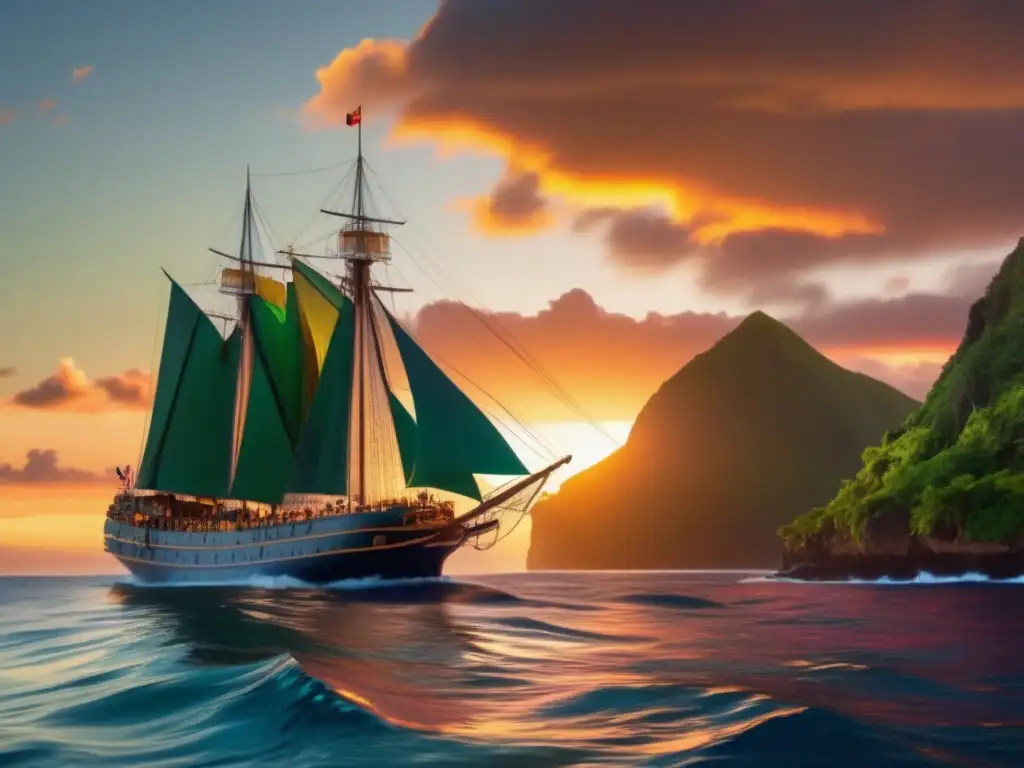 Un impresionante atardecer en el Pacífico durante la expedición de Álvaro de Mendaña Islas Salomón, con sus barcos navegando entre islas verdes