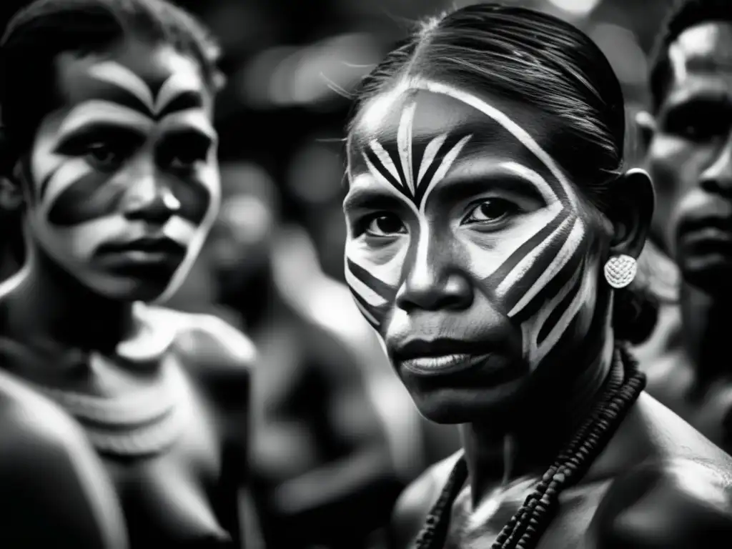 Una impresionante fotografía blanco y negro de un grupo de personas indígenas en la selva amazónica, reflejando su resiliencia y sabiduría