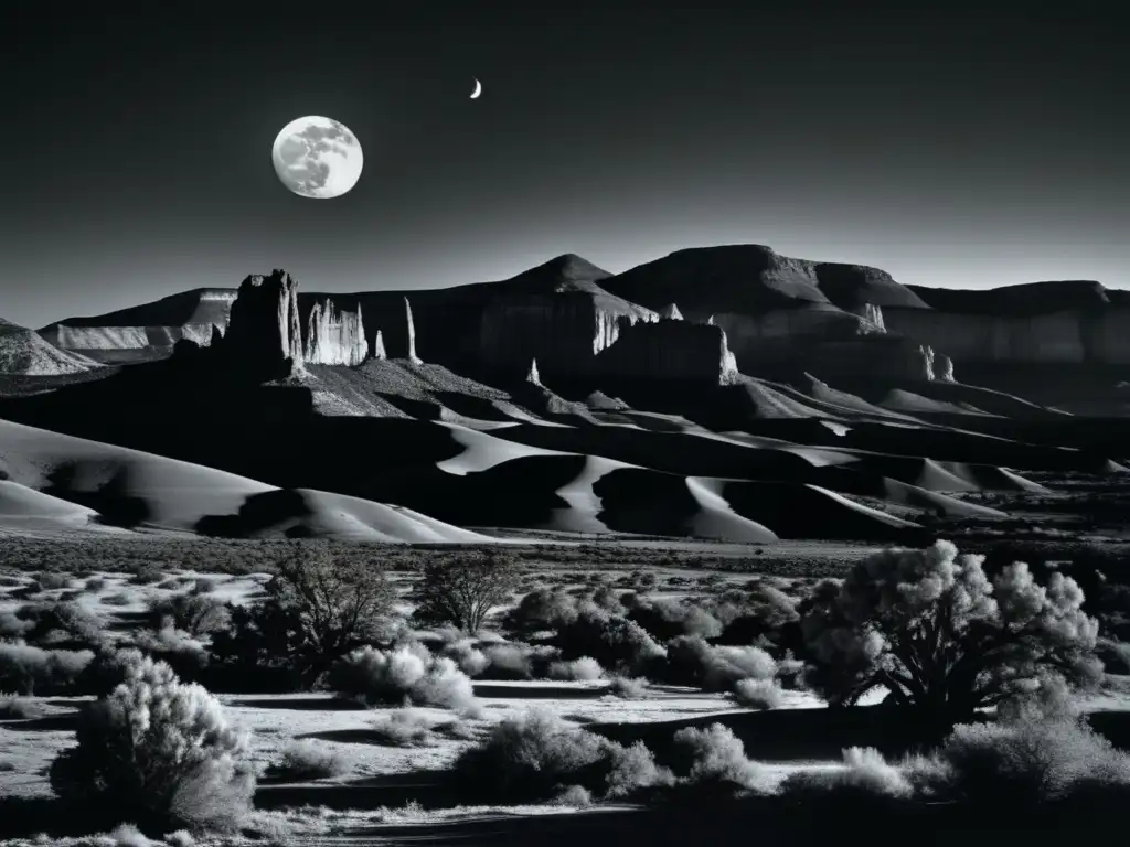 Una impresionante fotografía en blanco y negro de Ansel Adams capturando el icónico 'Moonrise, Hernandez, New Mexico', con la luna elevándose sobre las montañas y el sutil juego de luces y sombras en el terreno desértico