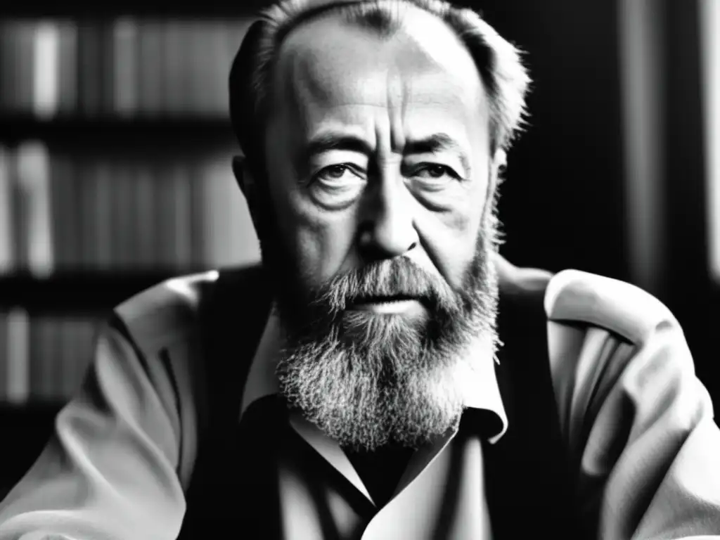 Una impresionante fotografía en blanco y negro de Aleksandr Solzhenitsyn, reflejando su legado de lucha por la libertad de expresión