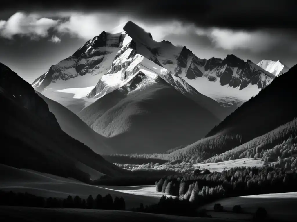 Una impresionante fotografía en blanco y negro de una majestuosa cordillera, con picos nevados que se elevan contra un dramático cielo nublado
