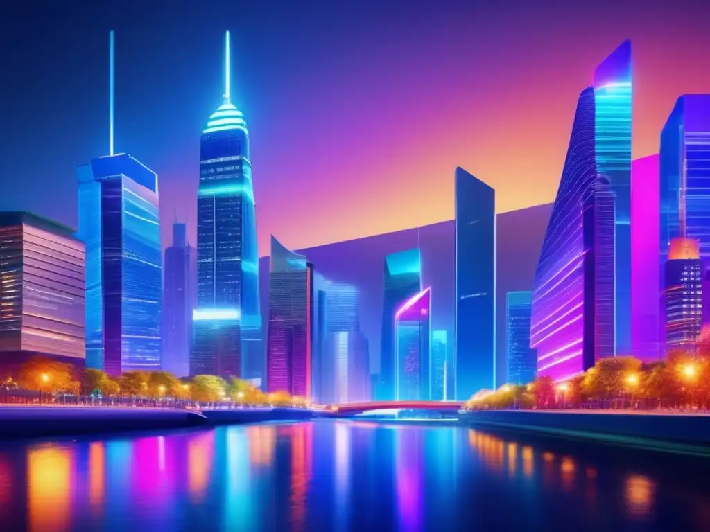 Una impresionante ciudad nocturna con rascacielos modernos iluminados por luces de colores, reflejándose en un río tranquilo