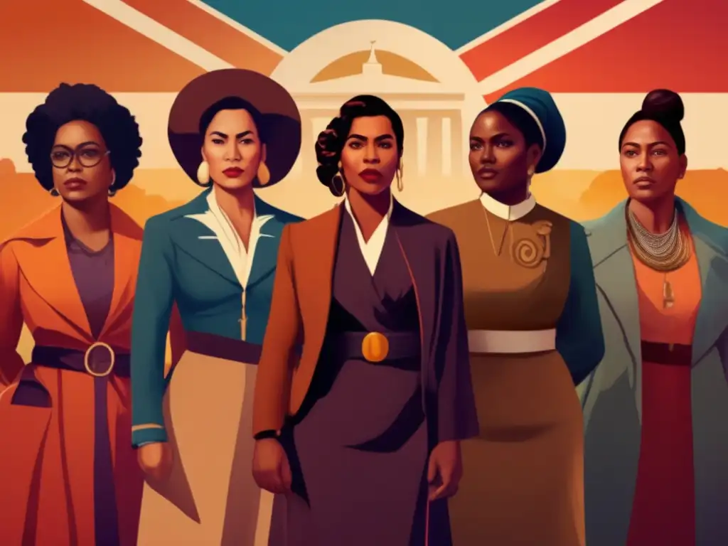 Un impresionante cuadro digital de activistas femeninas destacadas en la historia, unidas en determinación y fuerza, con símbolos de sus luchas