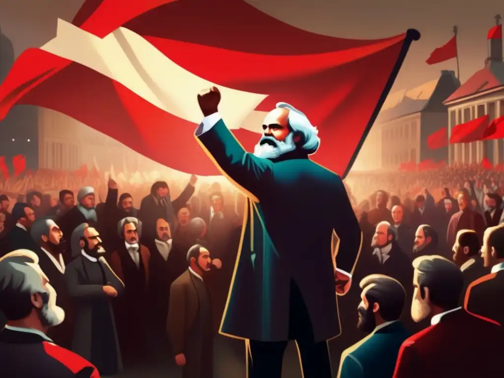 Un impresionante cuadro digital de Karl Marx dando un apasionado discurso frente a una multitud diversa, reflejando su influencia en revoluciones