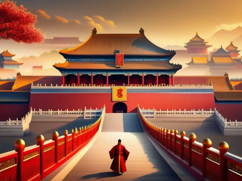 Un impresionante cuadro digital en 8k de la Ciudad Prohibida en Beijing, con los últimos emperadores de la Dinastía Qing en detalle, rodeados de un paisaje urbano moderno que simboliza el choque de influencias tradicionales y modernas durante la apertura forzada de China