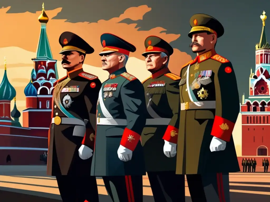 Un impresionante cuadro digital detallado de líderes militares rusos destacados en la historia, con el Kremlin de fondo