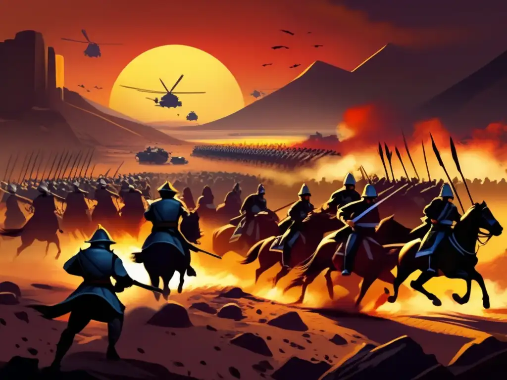Un impresionante cuadro digital de una escena de batalla inspirada en 'El Arte de la Guerra' de Sun Tzu, con estrategias de liderazgo