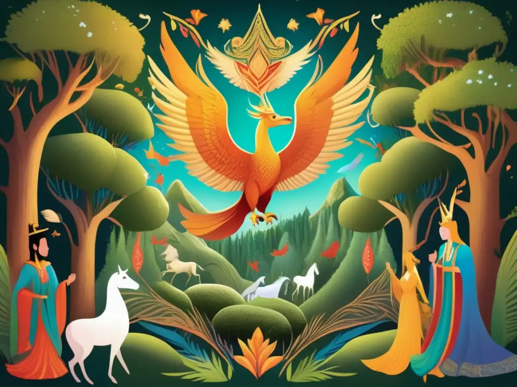 Un impresionante cuadro digital de Angelo de Gubernatis rodeado de criaturas míticas de diferentes tradiciones folclóricas en un exuberante bosque