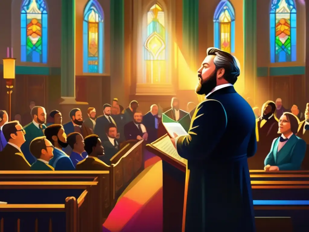 Un impresionante cuadro digital muestra a Charles Spurgeon predicando en una majestuosa iglesia Bautista, capturando su legado y carisma