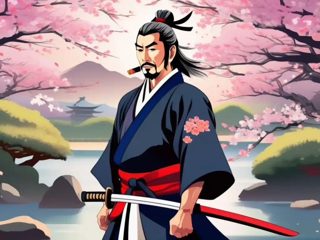 Un impresionante cuadro digital moderno de Miyamoto Musashi, el legendario samurái, en un jardín japonés tradicional con cerezos en plena floración
