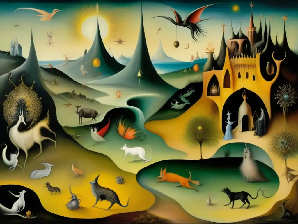 Una impresionante y detallada imagen en alta resolución de la obra surrealista 'La Tentación de San Antonio' de Leonora Carrington, enmarcada de forma moderna