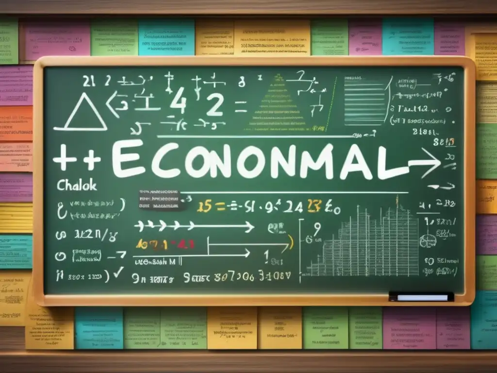 Un impresionante y detallado pizarrón lleno de ecuaciones matemáticas y gráficos coloridos, resaltando modelos económicos y teoremas