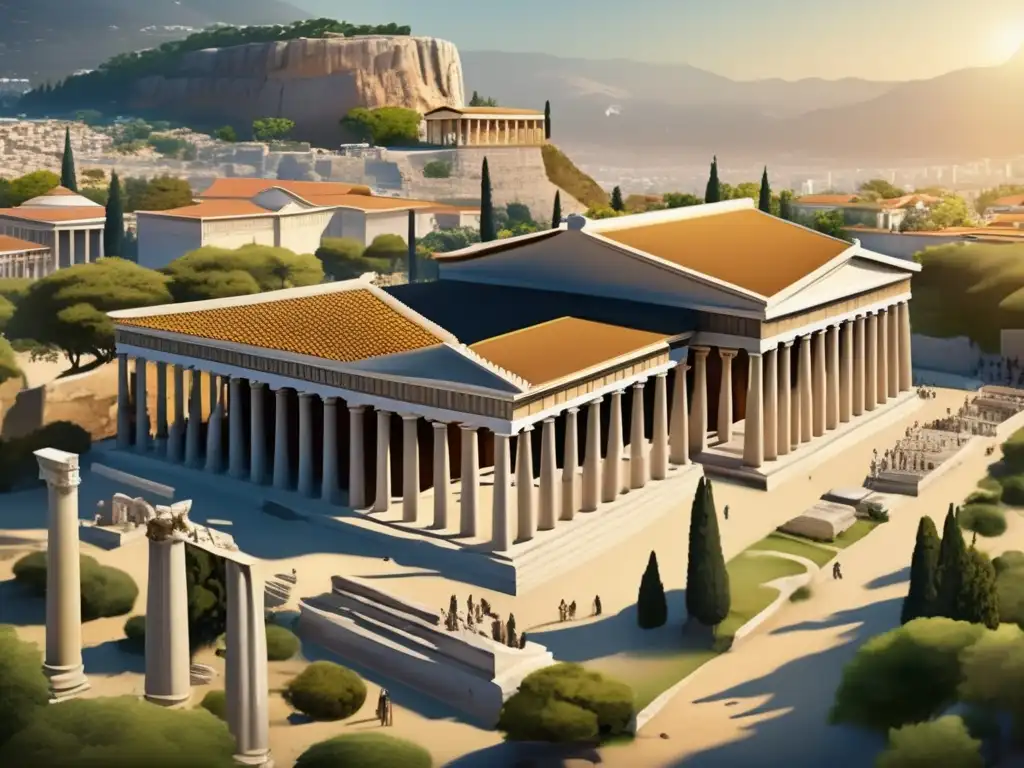 Un impresionante y detallado retrato de la antigua Ágora ateniense, con edificios reconstruidos, columnas y estatuas, mostrando el entorno histórico y político en la era de Cleisthenes