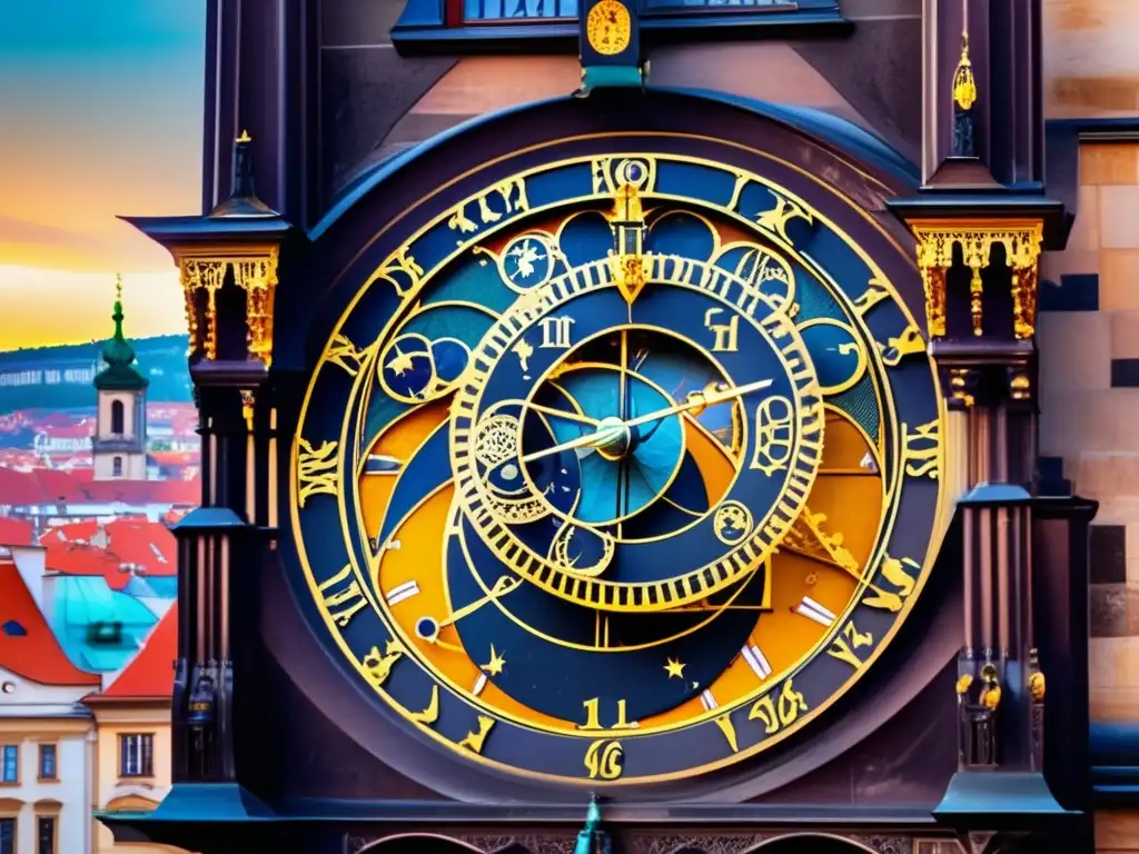 Un impresionante detalle del reloj astronómico de Praga al atardecer, con sus intrincados engranajes y motivos celestiales