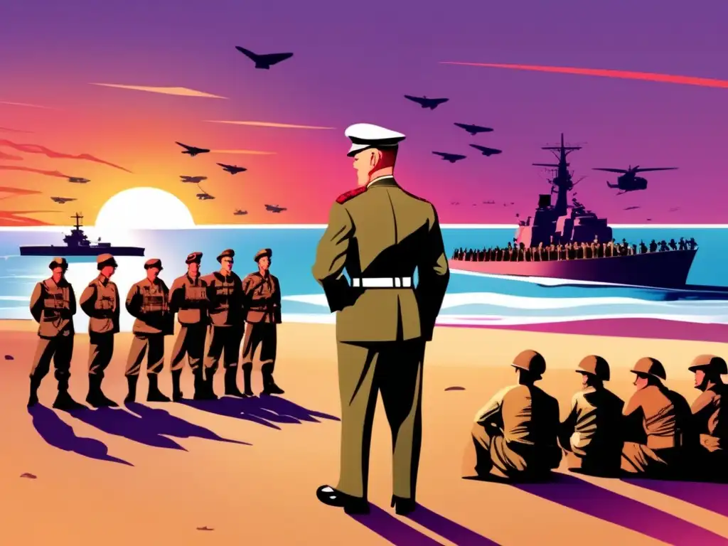 Un impresionante dibujo digital de la estrategia de Desembarco de Eisenhower en el Día D, con soldados listos para la batalla en la playa al atardecer