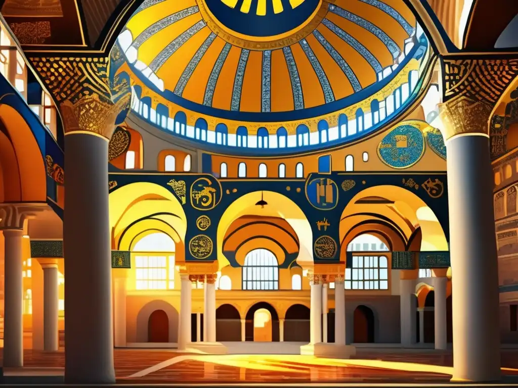 Un impresionante dibujo digital de la Hagia Sophia en Estambul, destacando la grandeza de la arquitectura bizantina y los detalles de las mosaicos