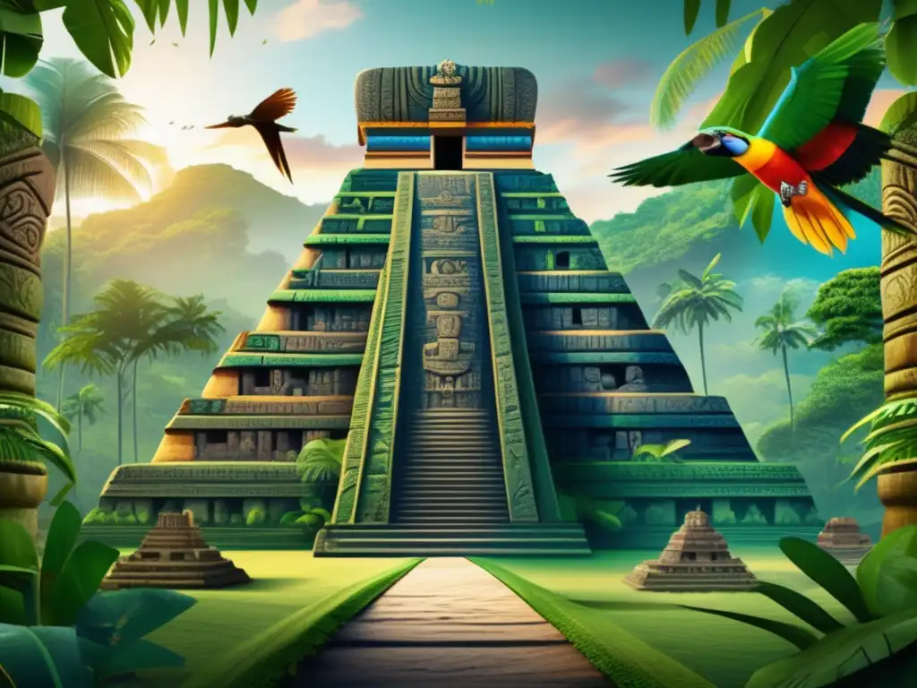 Increíble ilustración digital 8k de un templo maya en la selva - Un impresionante dibujo digital en 8k de un majestuoso complejo de templos mayas, rodeado de exuberante selva tropical