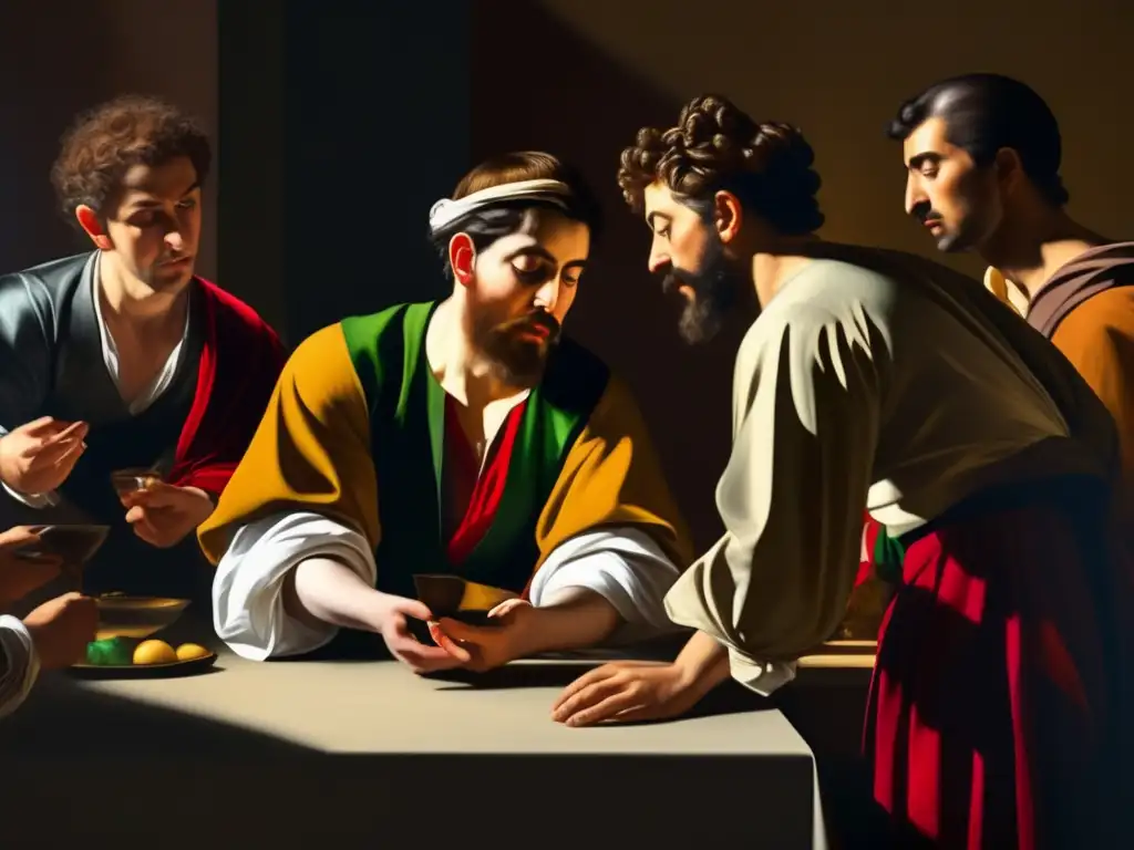Una impresionante representación digital en alta resolución de 'La vocación de San Mateo' de Caravaggio, destacando el juego de luces y sombras, las expresiones faciales y gestos dramáticos, así como los detalles de las prendas y la calidad atmosférica de la pintura