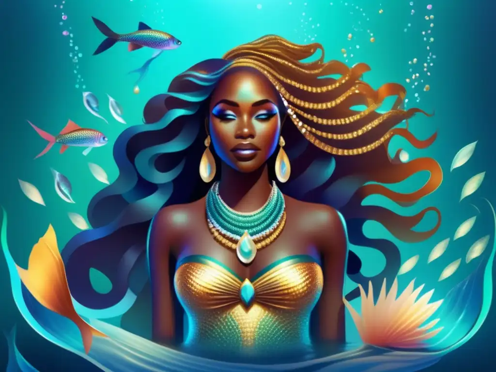 Una impresionante ilustración digital detallada de Mami Wata, el espíritu acuático africano, como una sirena regia con escamas iridiscentes y cabello largo