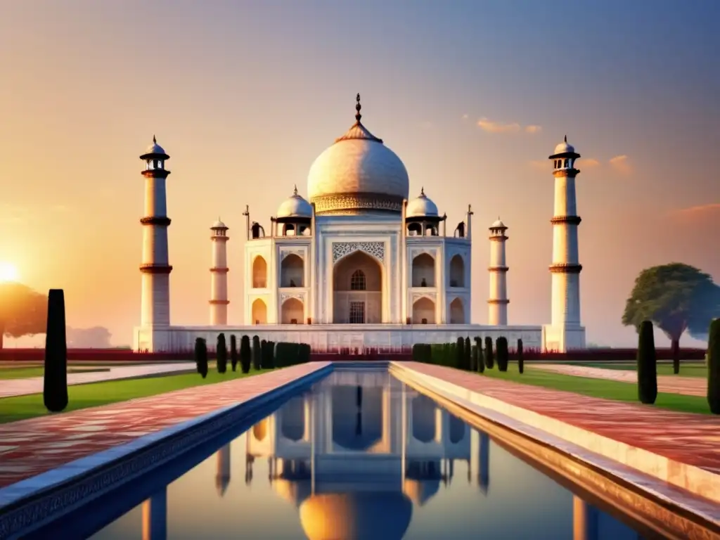 Un amanecer majestuoso: Taj Mahal en alta resolución Una impresionante representación digital de alta resolución del Taj Mahal al amanecer, con el mausoleo de mármol blanco icónico resplandeciendo en la suave luz dorada