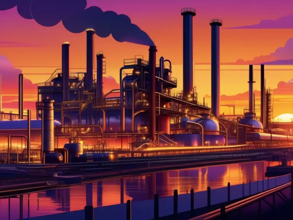 Un impresionante ilustración digital de una refinería de petróleo al atardecer, reflejando el legado indomable del primer magnate del petróleo