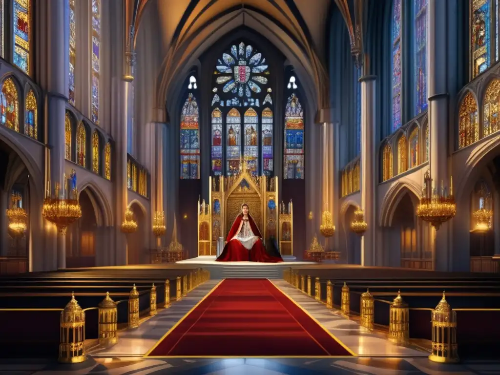 Espectáculo de poder y fe: Reina Isabel I en su trono- Una impresionante representación digital de alta resolución de la Reina Isabel I de Castilla, rodeada de una imponente catedral y un trono real, con símbolos religiosos y políticos entrelazados