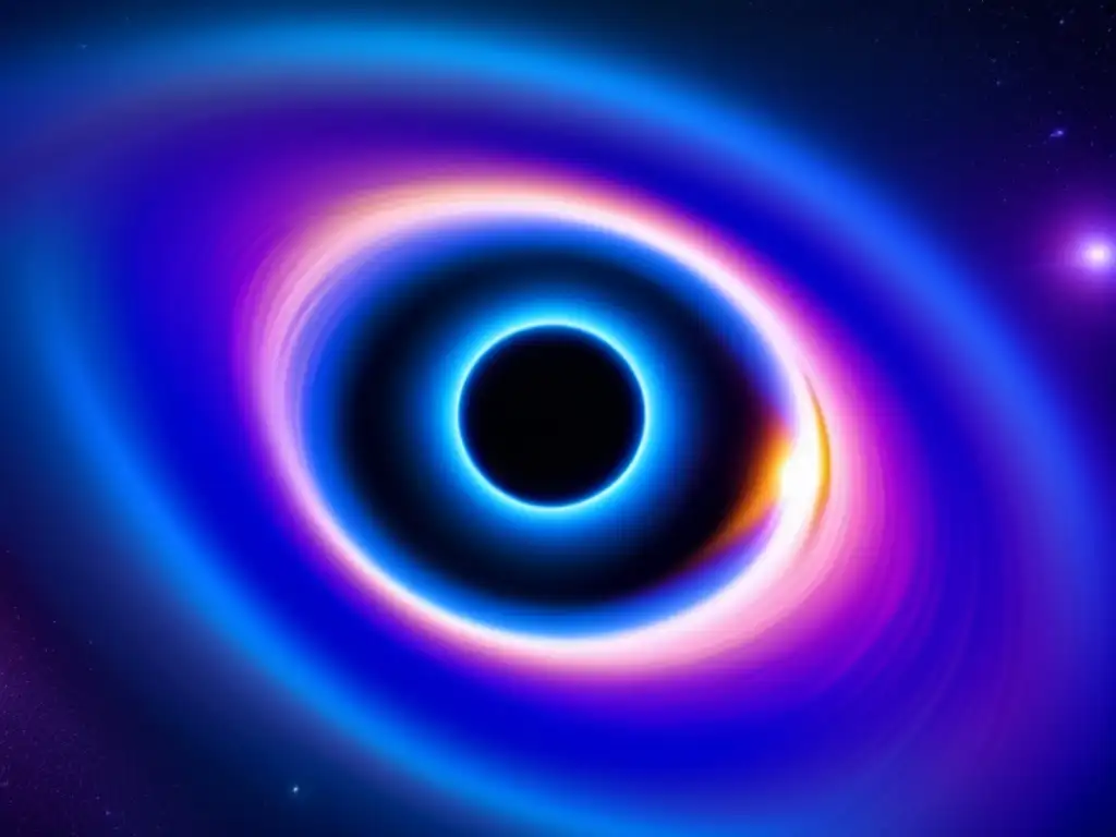 Un impresionante disco de acreción luminoso y giratorio rodea un agujero negro, con tonos azules, morados y rosados vibrantes
