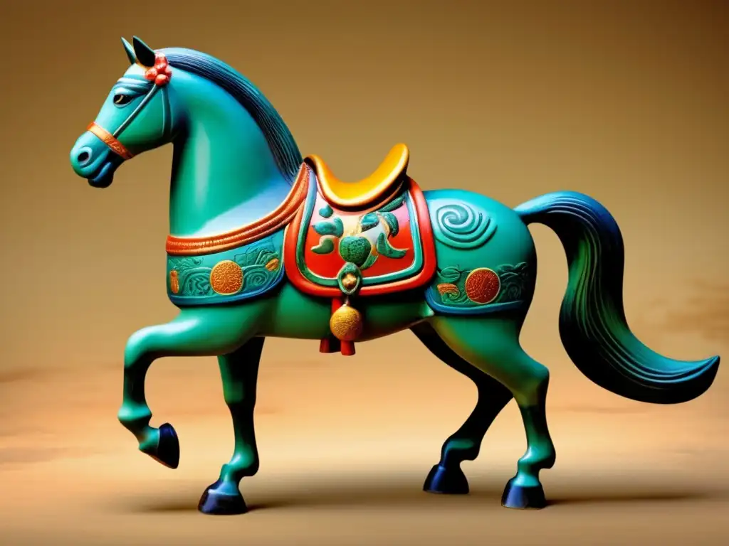 Una impresionante estatua de caballo de la Dinastía Tang China, con detalles intrincados y colores vibrantes, reflejando innovaciones culturales
