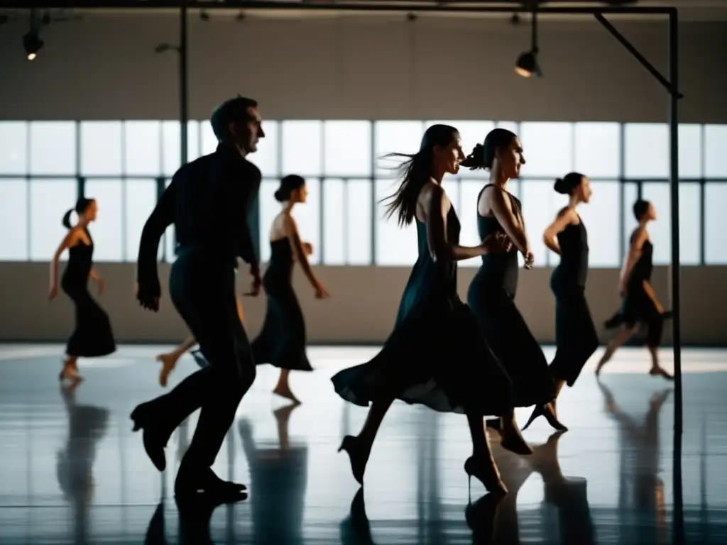 En el impresionante estudio industrial, Pina Bausch dirige a su troupe con pasión y precisión, capturando la esencia de su trayectoria en teatro y danza