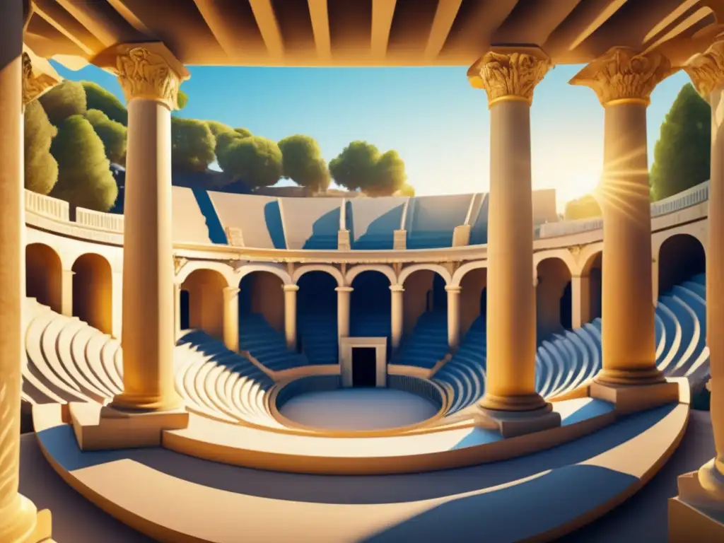 Una impresionante foto en 8k de un antiguo anfiteatro griego bañado por la luz dorada del sol