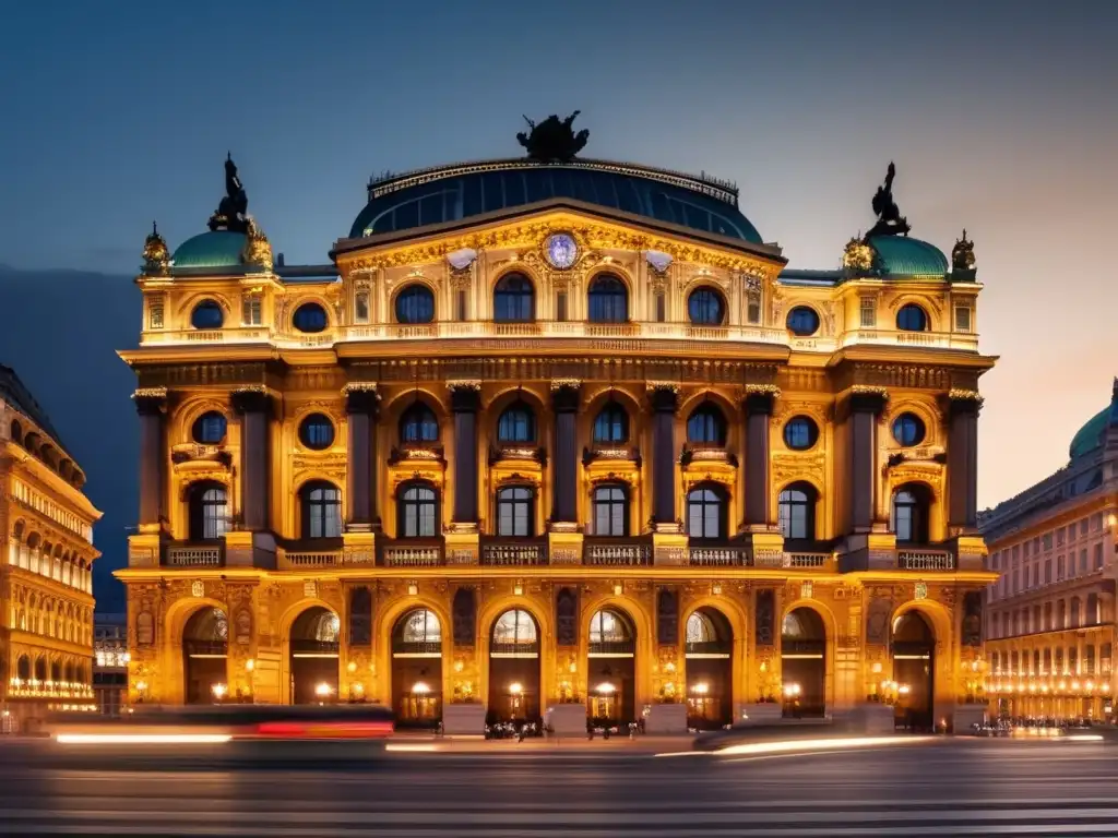 Una impresionante foto de alta resolución de la histórica Ópera Estatal de Viena de noche, iluminada por un cálido resplandor dorado