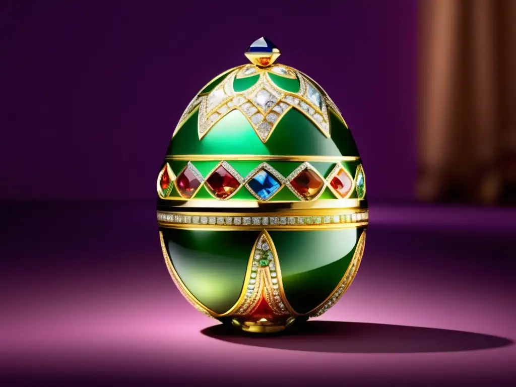Un impresionante huevo Fabergé rodeado de luz suave, resaltando la belleza y artesanía de las famosas joyas Fabergé