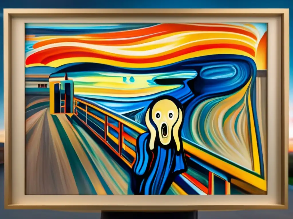 Una impresionante reinterpretación del icónico cuadro 'El Grito' de Edvard Munch, que destaca su figura distorsionada y los colores dramáticos del paisaje, sobre un fondo moderno y minimalista