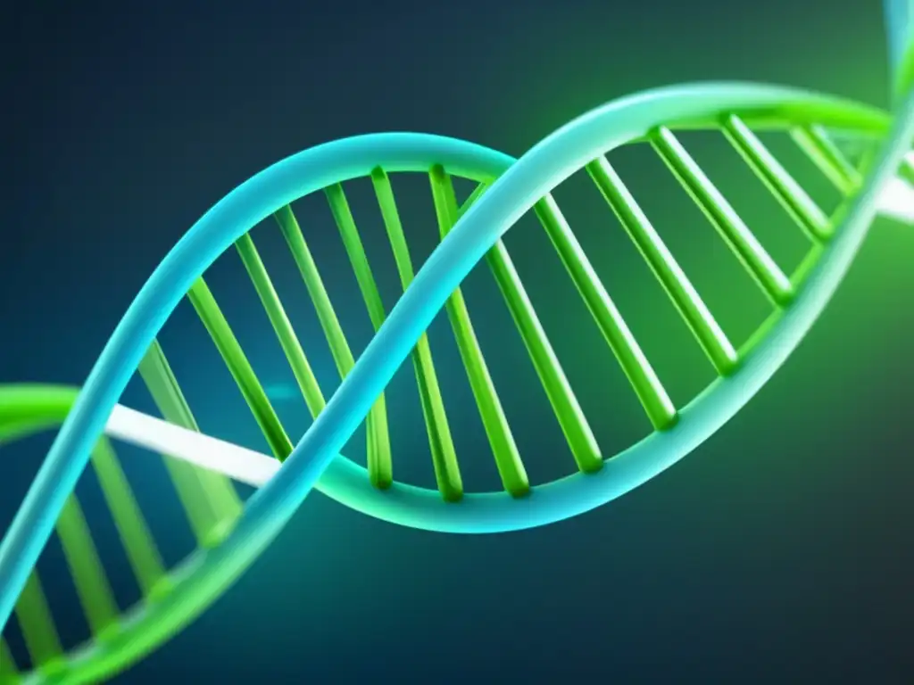 Una impresionante imagen en alta resolución de la estructura de doble hélice del ADN, iluminada por tonos azules y verdes futuristas