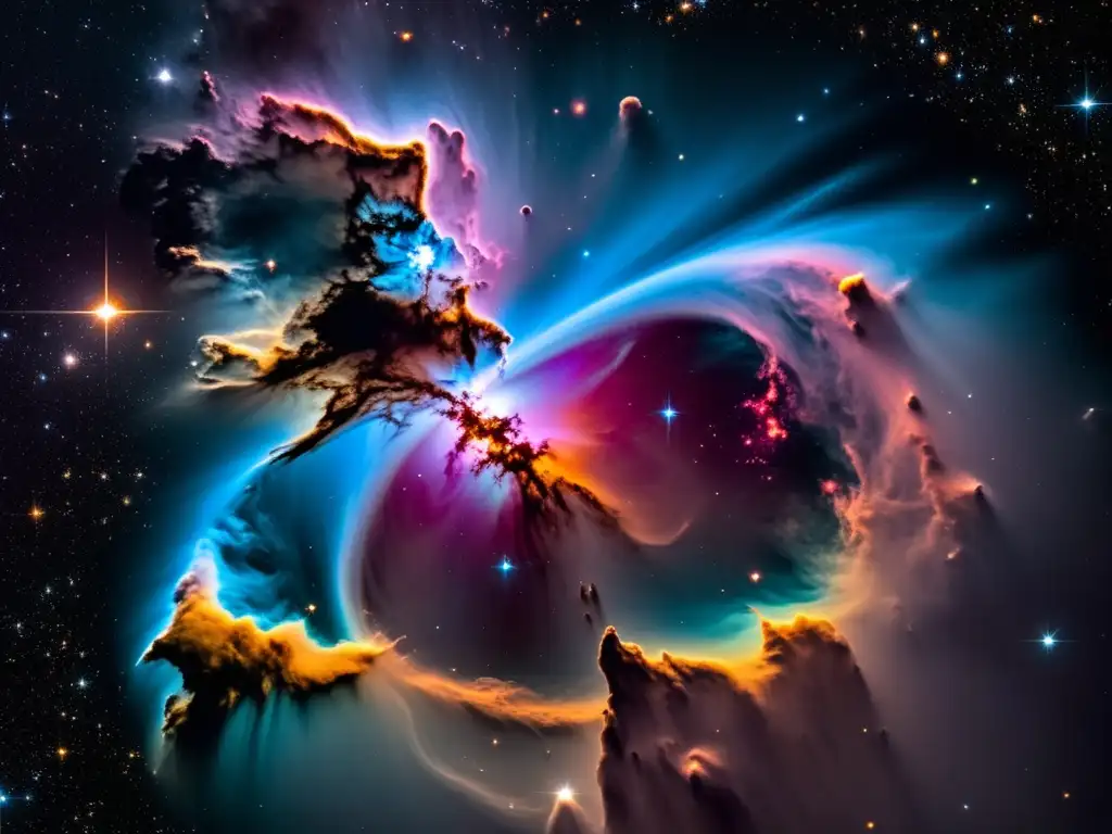Una impresionante imagen de alta resolución del Telescopio Espacial Hubble capturando una nebulosa colorida y dinámica con remolinos de gas y polvo iluminados por estrellas cercanas