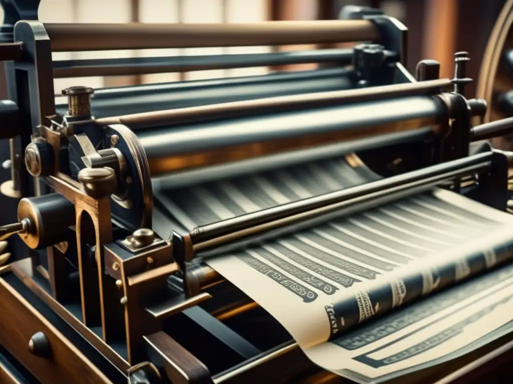 Una impresionante imagen de alta resolución que muestra una prensa de imprenta vintage en acción, capturando la precisión mecánica y la importancia histórica de la revolución de la impresión de la Biografía de Johannes Gutenberg