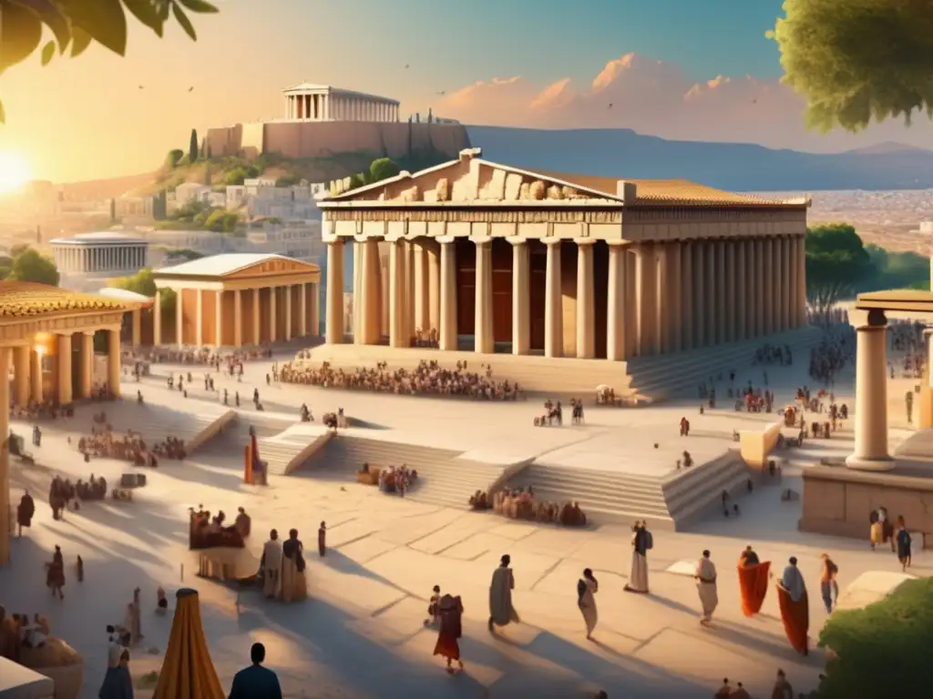 Una impresionante imagen 8K de la antigua Atenas durante la época de Cleisthenes, mostrando el bullicioso Ágora, el Partenón, templos y un animado mercado con ciudadanos en debate y comercio