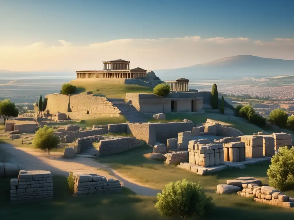 Una impresionante imagen en 8k de las antiguas ruinas de Troya, resaltando los detalles arqueológicos y la búsqueda de Troya Heinrich Schliemann