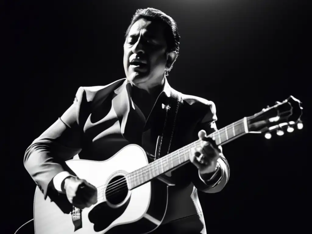 Una impresionante imagen en blanco y negro de Silvio Rodríguez actuando en el escenario, transmitiendo intensa emoción mientras toca su guitarra