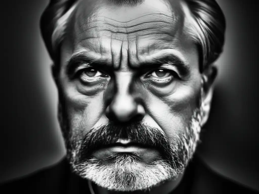 Una impresionante imagen en blanco y negro de Lev Shestov, filósofo ruso, muestra su mirada intensa y llena de sabiduría