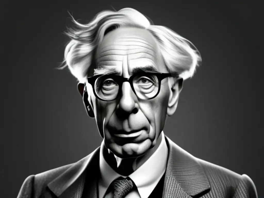 Una impresionante imagen en blanco y negro de Bertrand Russell, con arrugas profundas y una mirada contemplativa