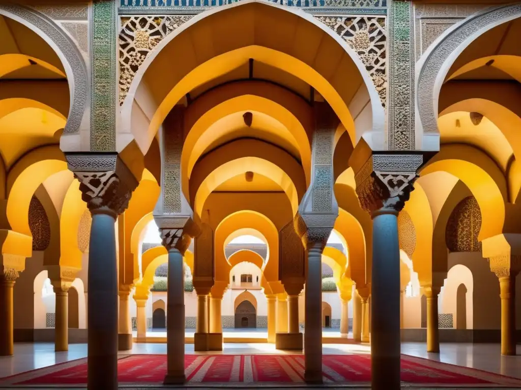 Una impresionante imagen detallada de la arquitectura de la Gran Mezquita de Córdoba, con juegos de luz y sombra en los arcos de herradura, mosaicos y patrones geométricos