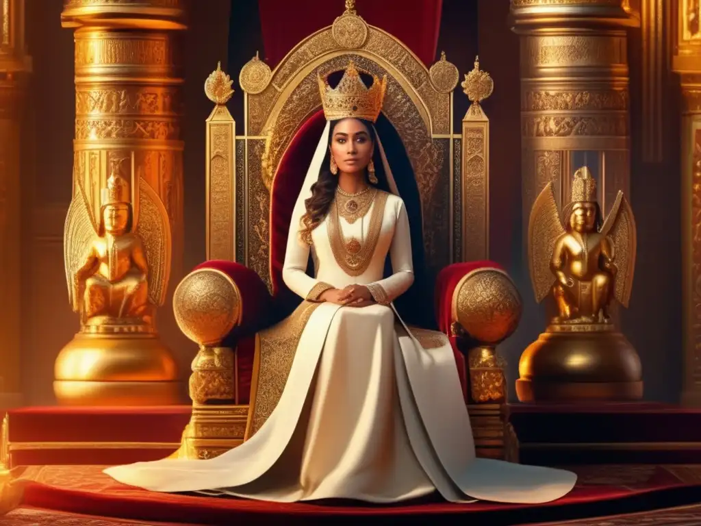 Reina Isabel I en su Trono: Poder y Religión - Arte 8k Una impresionante imagen 8k detallada de Isabel I sentada en un trono, rodeada de poderosas figuras religiosas y símbolos de autoridad estatal