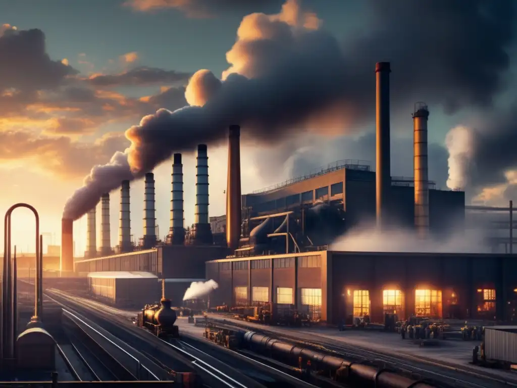 Una impresionante imagen de una fábrica moderna con humeantes chimeneas, trabajadores y maquinaria, iluminada por el sol entre nubes