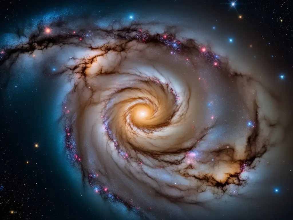 Una impresionante imagen de una galaxia espiral capturada por un telescopio de última generación, mostrando la estructura intrincada de sus brazos, los vibrantes colores del gas interestelar y el resplandor hipnotizante de incontables estrellas