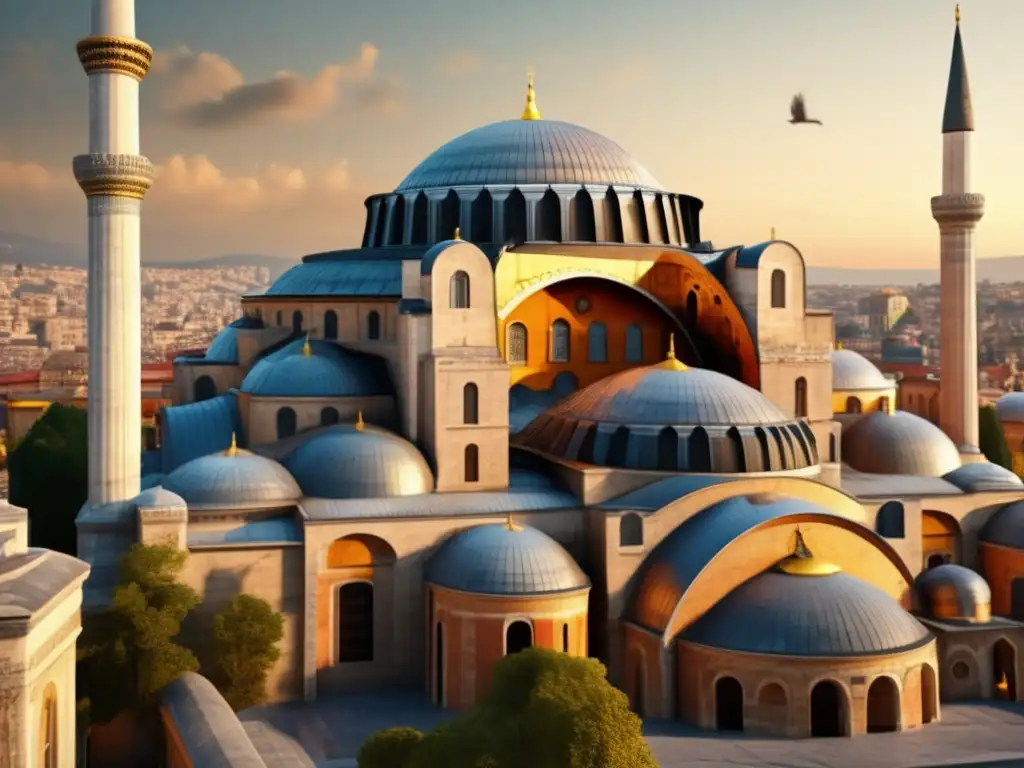 Una impresionante imagen en 8k de la Hagia Sophia en Constantinopla, capturando su majestuosidad histórica y riqueza cultural