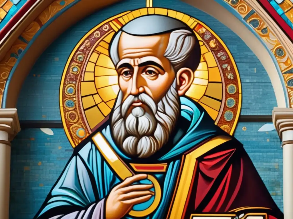 Una impresionante imagen en mosaico de San Agustín de Hipona, mostrando su influencia teológica con colores vibrantes y detalles intrincados